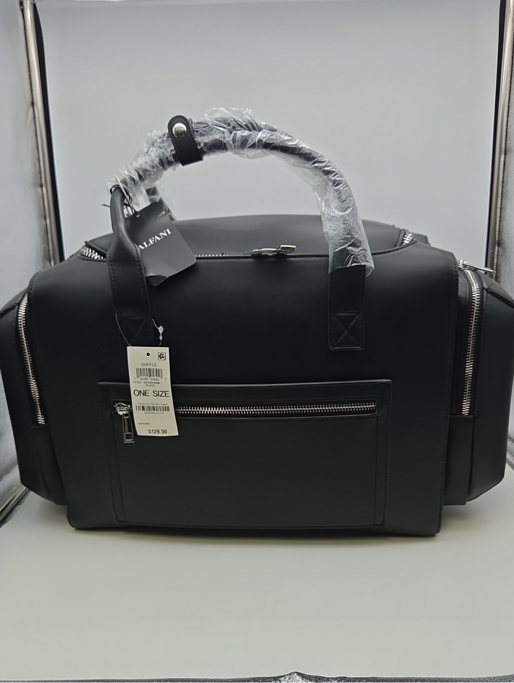 Valiani Black Leather Duffle Bag with Multiple Zippered Pock